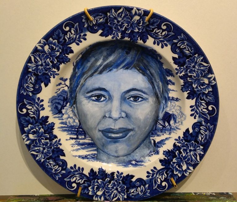 Portret op bord diameter 22 cm